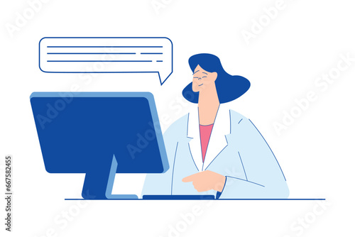 Chemistry with Woman Scientist Character Sitting at Computer Vector Illustration