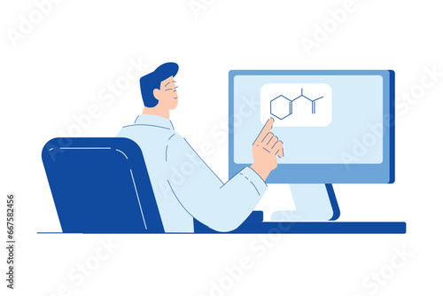Chemistry with Man Scientist Character Explore Molecule Formula on Computer Screen Vector Illustration