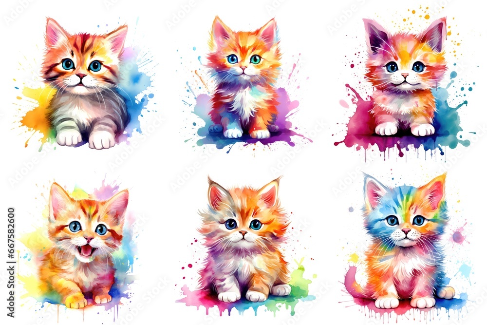 A set of six kittens painted in different colors, watercolor clipart on white background. A set of six kittens painted in different colors, watercolor clipart on white background.
