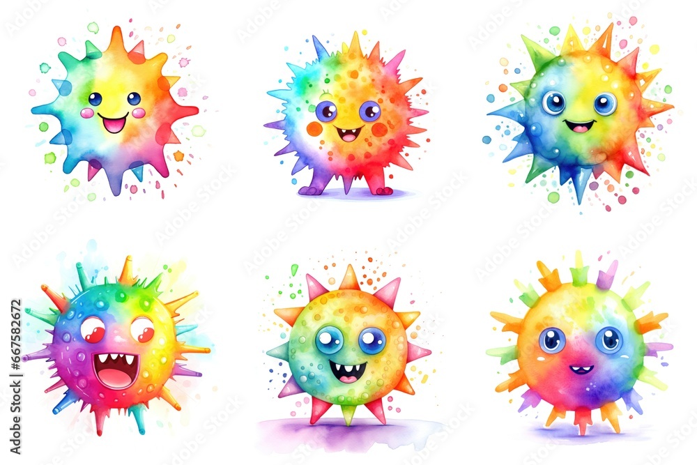 A set of six different colored cartoon germs, watercolor clipart on white background.