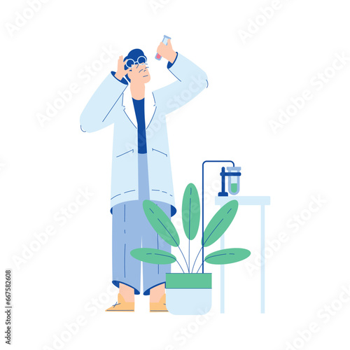Chemistry with Man Scientist Character Explore Glass Flask with Substance Vector Illustration