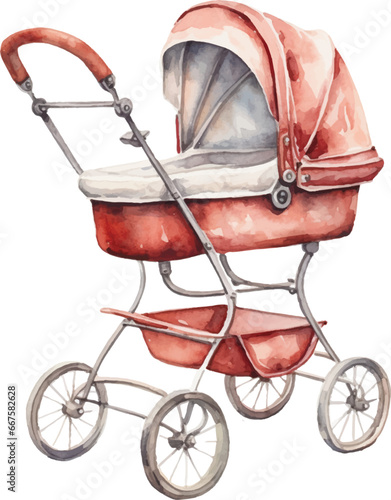 Watercolor cute baby stroller on white background photo