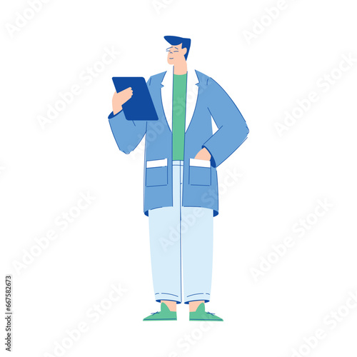 Chemistry with Man Scientist Character Standing with Tablet Vector Illustration