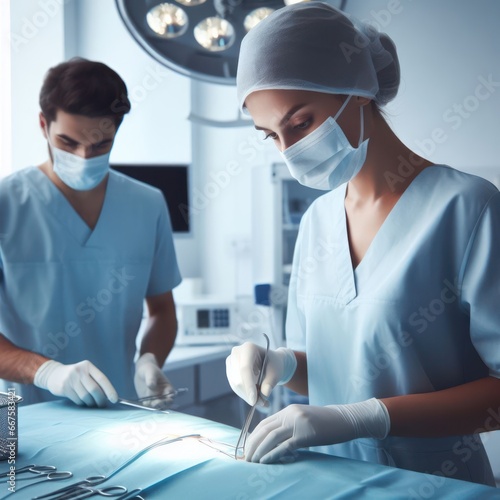 female doctor in scrubs and mask performing surgery in the theatre generative ai