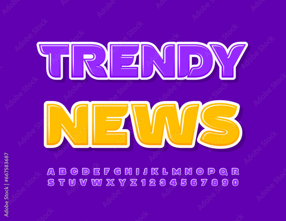 Vector bright flyer Trendy News. Trendy violet Font. Creative glossy Alphabet Letters and Numbers set