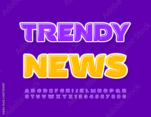 Vector bright flyer Trendy News. Trendy violet Font. Creative glossy Alphabet Letters and Numbers set