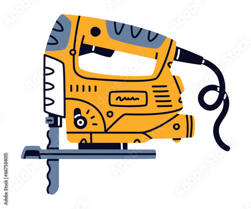 Electric Jig Saw with Cord as Construction Tool Vector Illustration