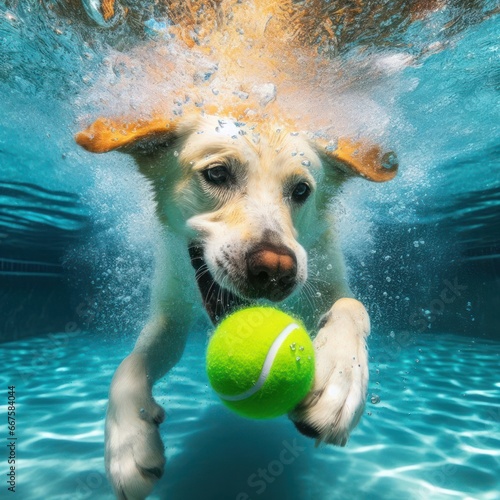Fototapeta dog playing and fetching the ball from under the water in the pool generative ai
