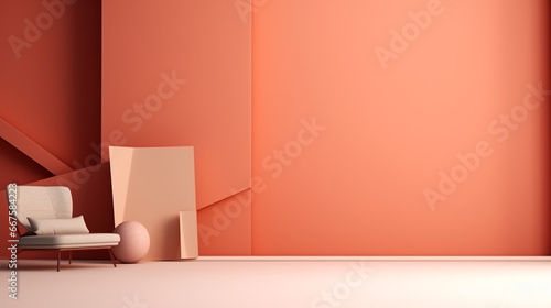 3D chair and modern coral furniture in empty pastel modern room background. Concept of minimalism. Light background with copy space. 