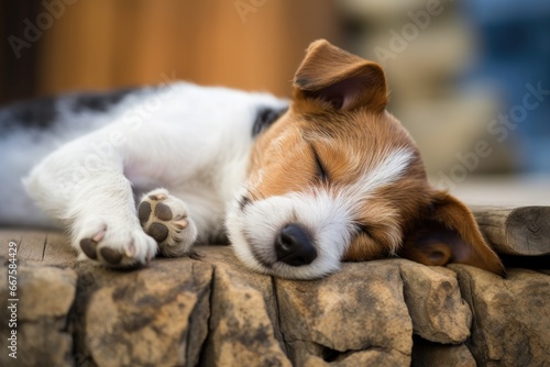Sleeping Jack Russell Terrier on Rustic Stone 