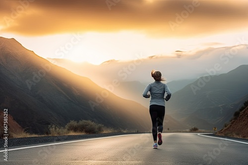 Morning run. Active female jogging under beautiful sunrise. Trail runner. Young woman embracing outdoors. Healthy lifestyle. Fitness enthusiast running on mountain road