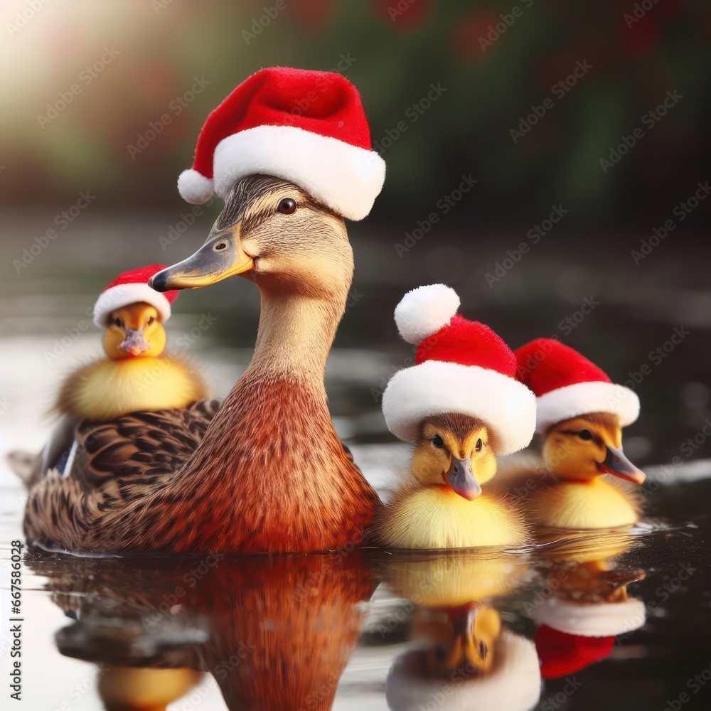 Duck and ducklings in a pond wearing Christmas Hats generative ai Duck and ducklings in a pond wearing Christmas Hats generative ai