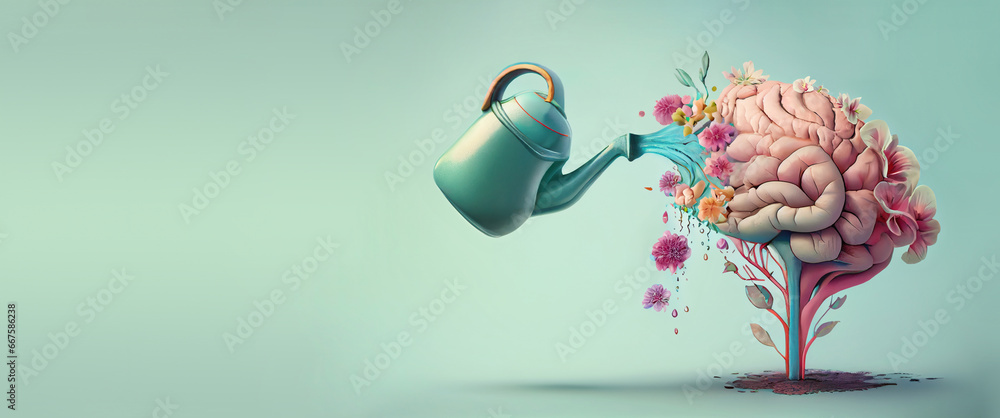Human brain growing from a flower, watering can is pouring water on the mind, mental health concept, positive attitude, creative thinking - obrazy, fototapety, plakaty 