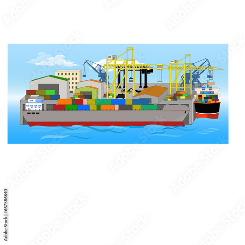 Cargo à quai avec plusieurs grues, conteneurs et entrepôts 