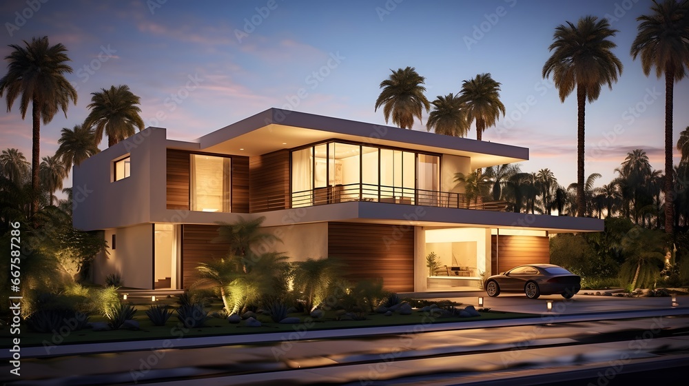 Modern house with palm trees at sunset. Panoramic view.