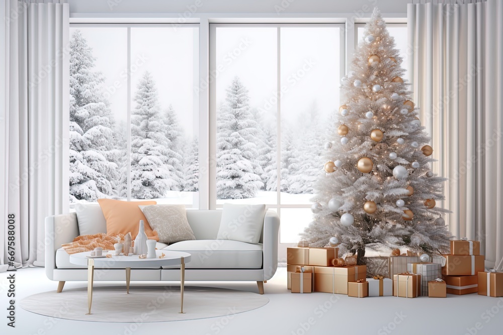 Christmas house concept. Bright living room with a Christmas tree. Interior