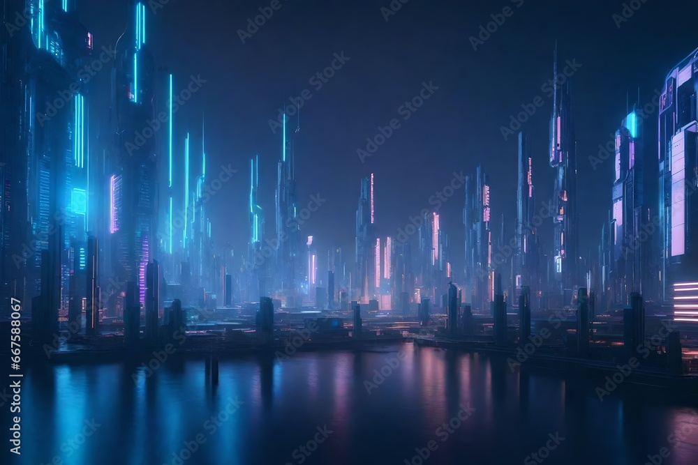 Cyberpunk-inspired photorealistic 3D illustration of a futuristic city