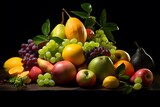 Variety of fresh fruits on black background. Healthy food concept.