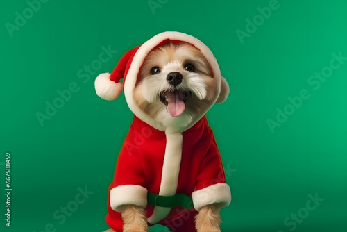 Perro disfrazado de santa claus en navidad con un gorro navideño y fondo verde.