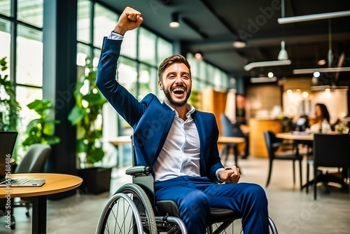 Jeune homme en fauteuil roulant levant le bras pour acter de sa réussite et de sa satisfaction photo