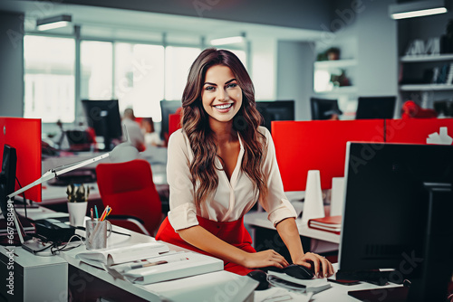 Jeune femme souriant assise dans un bureau open-space photo