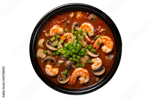 Seafood Gumbo in a Traditional Bowl on transparent background.