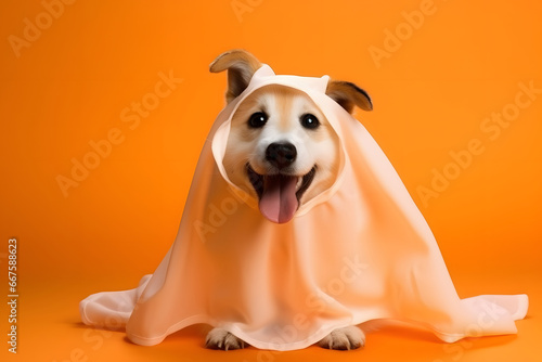 Perro con disfraz de fantasma en halloween, fondo naranja de estudio. photo
