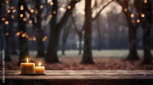 Burning candles on wooden table in fall forest with bokeh.