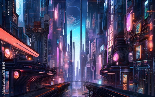 Futuristic city in the night. 3d rendering illustration. © Michelle
