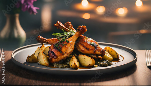 grilled chicken wings on artichoke ragout and trilled potatoes, Generated image photo