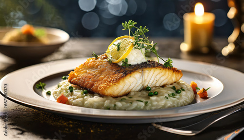 crispy fried fillet of pike-perch on lemon risotto, fine root vegetables and white wine foam, Generated image photo