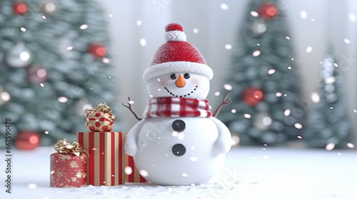 Merry Christmas Greeting with Cute Snow Man Giving Gift in Outdoor For Winter Holiday Eve Background Selective Focus © Image Lounge