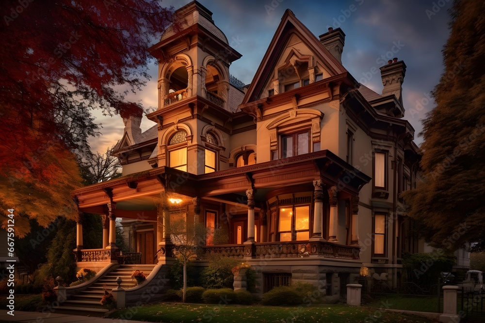 A panoramic shot of a Victorian house in the evening.
