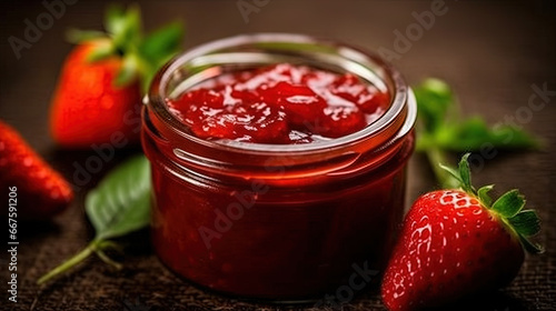 Homemade Strawberry Preserves or Jam in a Mason Jar Surrounded By Fresh Organic Strawberries Selective Focus with Blurred Foreground and Background