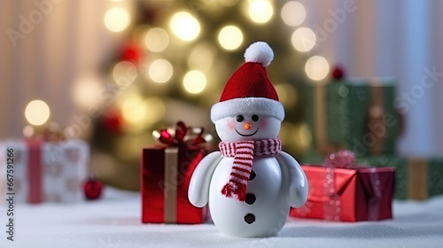 Cute Snowman in His Red Outfit For Merry Christmas Greeting Background Focus on Foreground photo