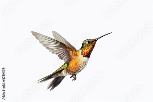 A hovering hummingbird in flight with a plain white background. Generative AI