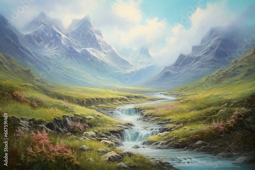 Mountain landscape with a stream and bushes. Generative AI