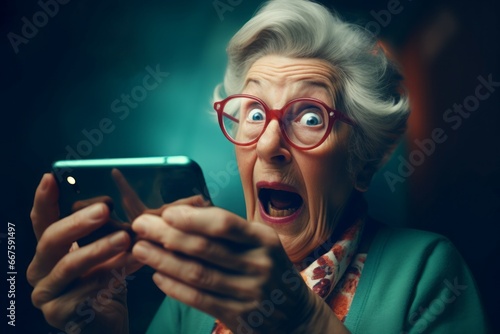 Delighted older grandmother with smartphone. Elderly woman with surprised face expression holding a phone. Generate ai