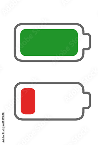 バッテリー電池の満充電と残量が少なくなった表示のシンプルなイラスト素材