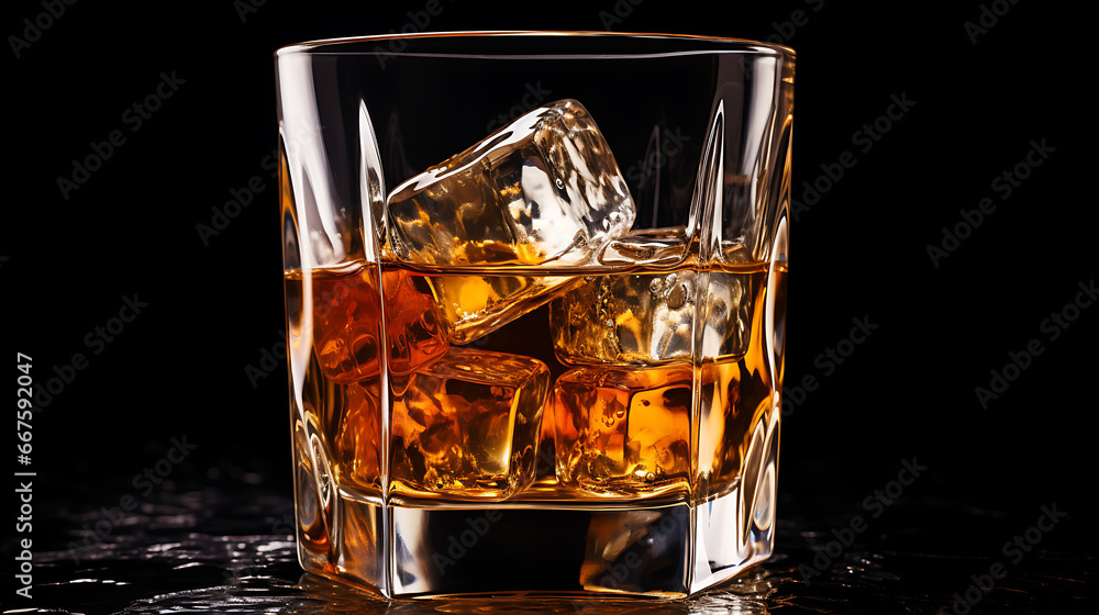 Glass of whiskey and ice isolated on dark background