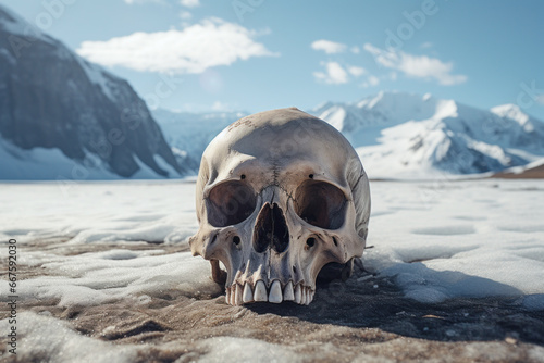 End of arctic exploration. Old Human skull in frozen tundra. Skull and remains of dead explorer, traveller, backpacker or hiker in arctic or alpine region.