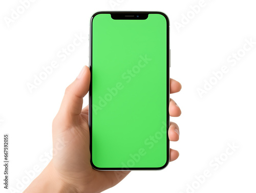 Hands hold iPhone with green screen transparent background