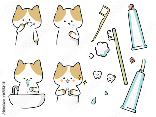 歯を磨くかわいい猫のイラストのセット