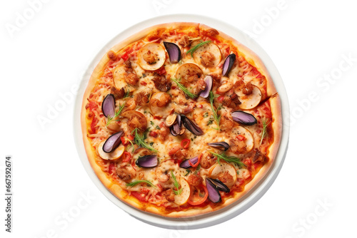 Seafood Pizza with Mussels, Clams, and Prawns on transparent background.
