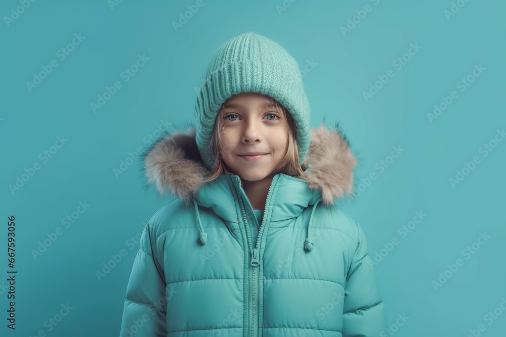 Portrait of boy in blue winter clothes. Little child posing in warm clothing on breeze background. Generate ai Portrait of boy in blue winter clothes. Little child posing in warm clothing on breeze background. Generate ai