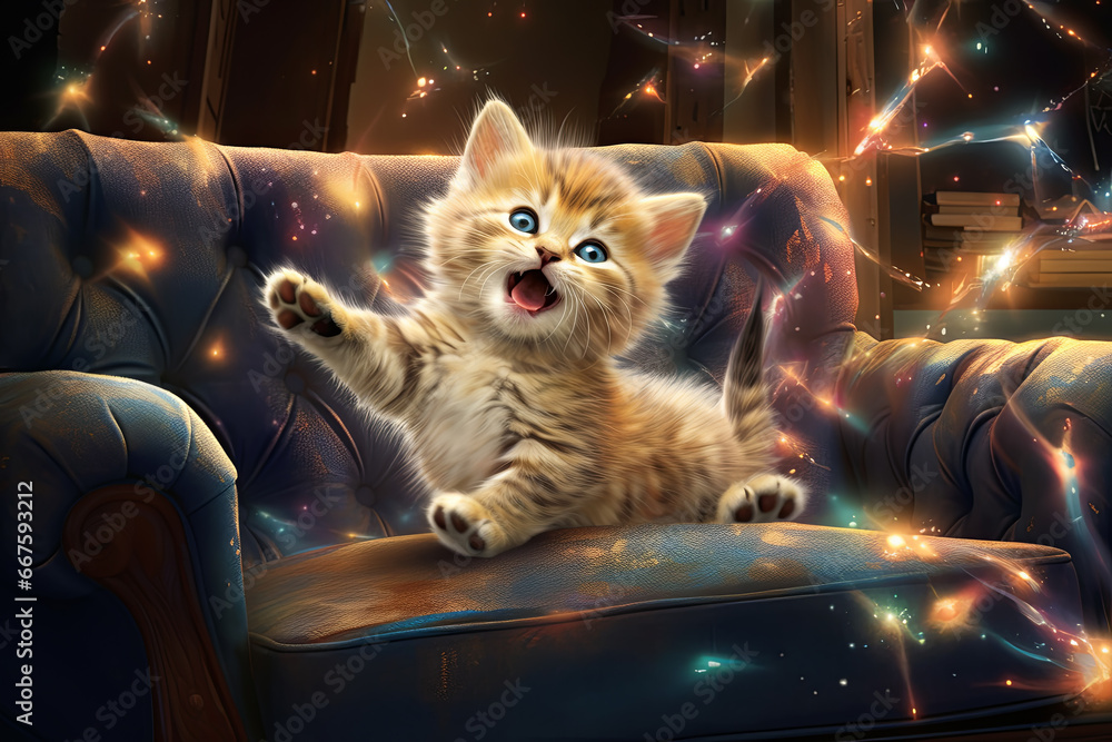 Ilustración de gatito feliz en el sofá con brillos de magia. - obrazy, fototapety, plakaty 