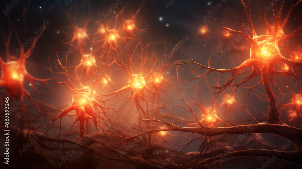 Neuronas cerebrales conectadas recibiendo impulsos.  - obrazy, fototapety, plakaty 