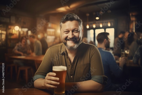 Portrait of cheerful chunky man sitting in pub. Smiling man holding glass of beer. Generate ai photo