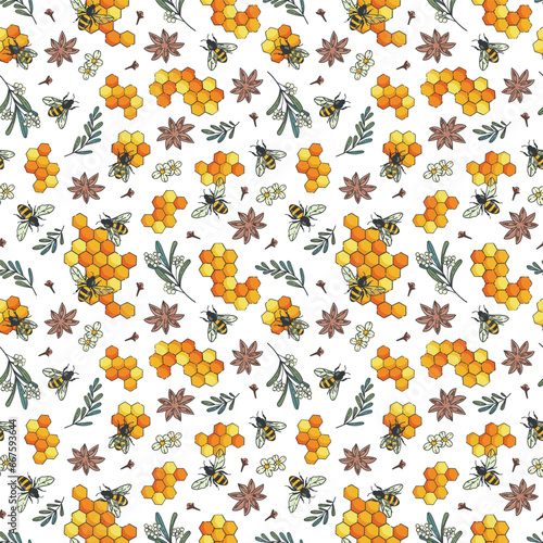 Seamless vector pattern with bees, honeycombs, cinnamon and twigs.  Honey ornament for fabrics and packaging