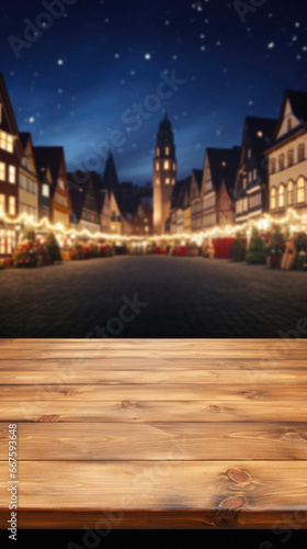 Empty wooden table in front of christmas city market.